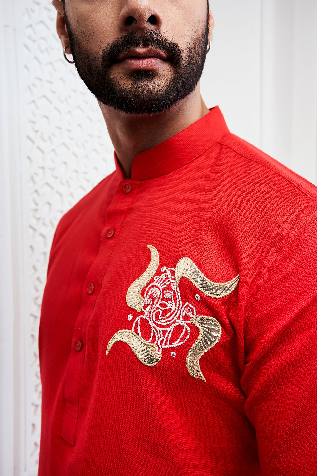 Red Ganesha Embroidery Kurta