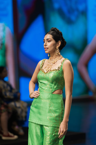 Bright Green Gold Foil Sharara Set