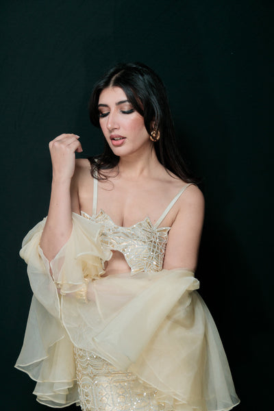 Sequin Embroidered Slit Skirt with Organza Blouse