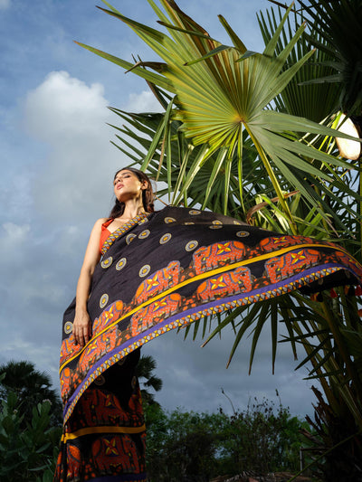 Black Elephant Madhubani Saree