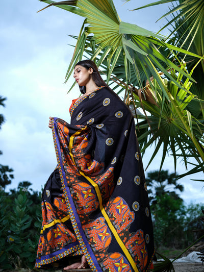 Black Elephant Madhubani Saree