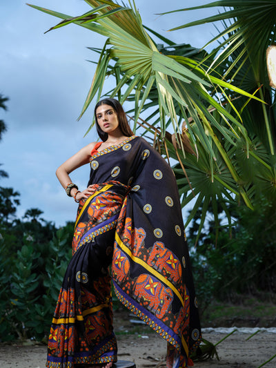 Black Elephant Madhubani Saree