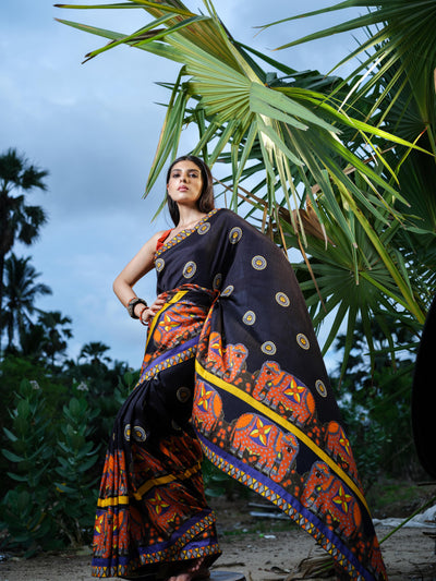 Black Elephant Madhubani Saree
