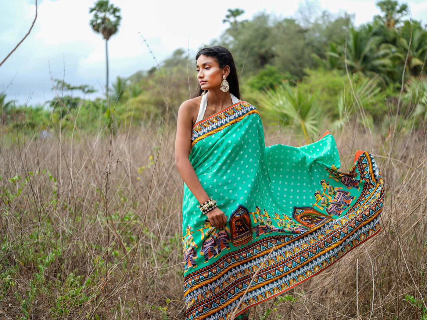 Turquoise Madhubani Saree