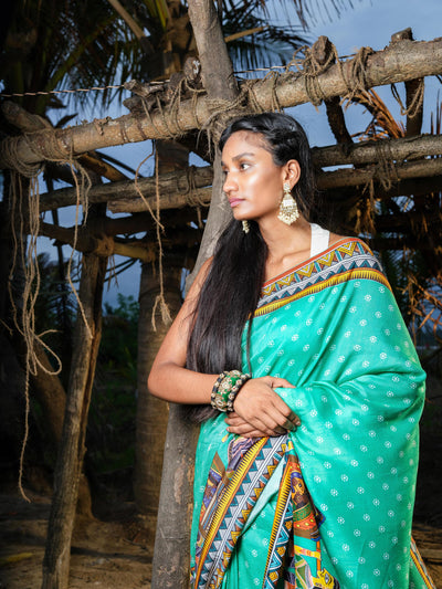 Turquoise Madhubani Saree