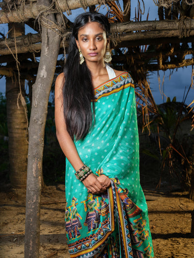 Turquoise Madhubani Saree