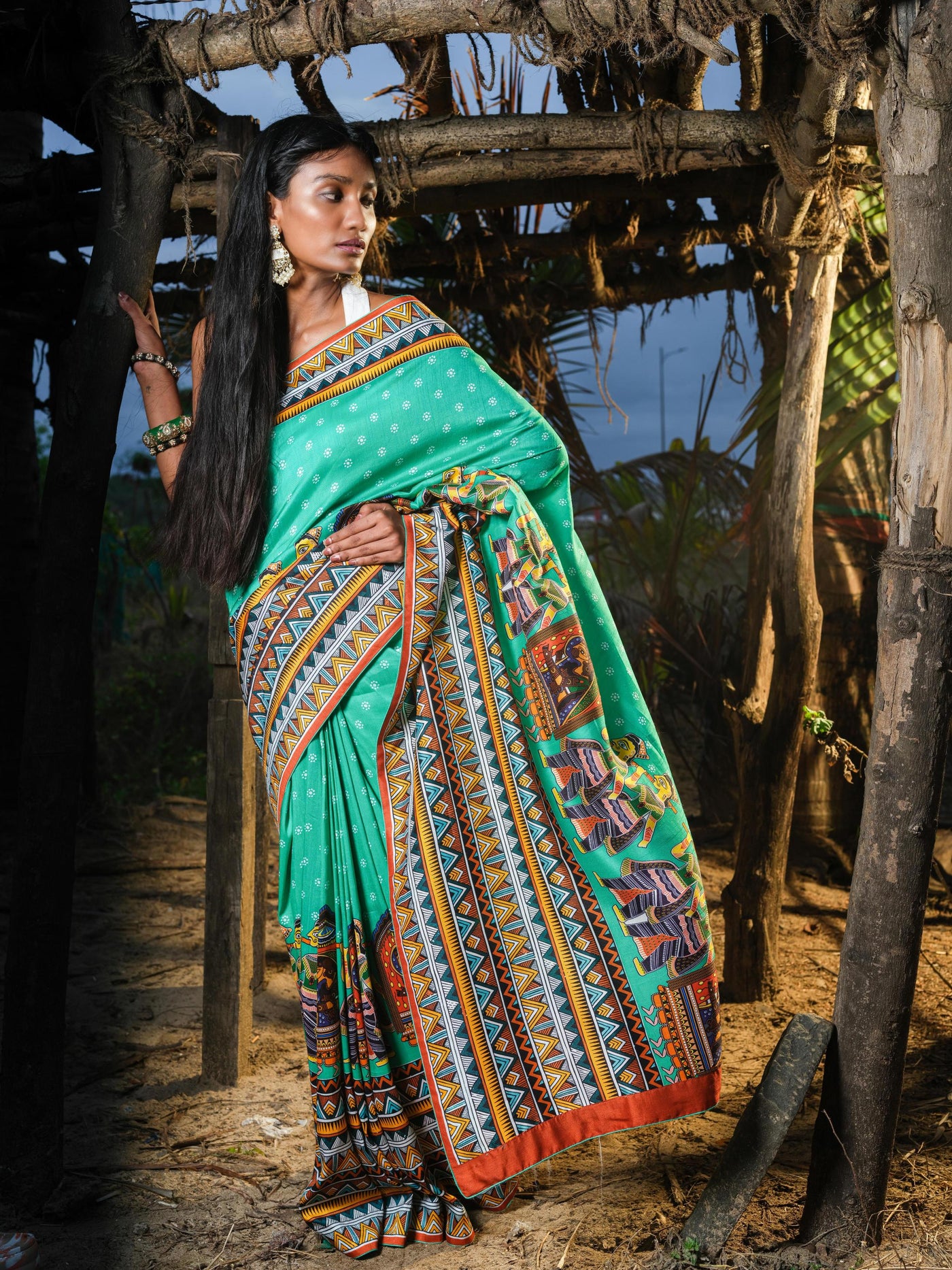 Turquoise Madhubani Saree