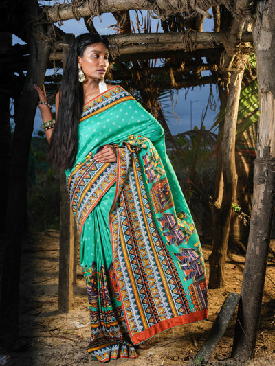 Turquoise Madhubani Saree