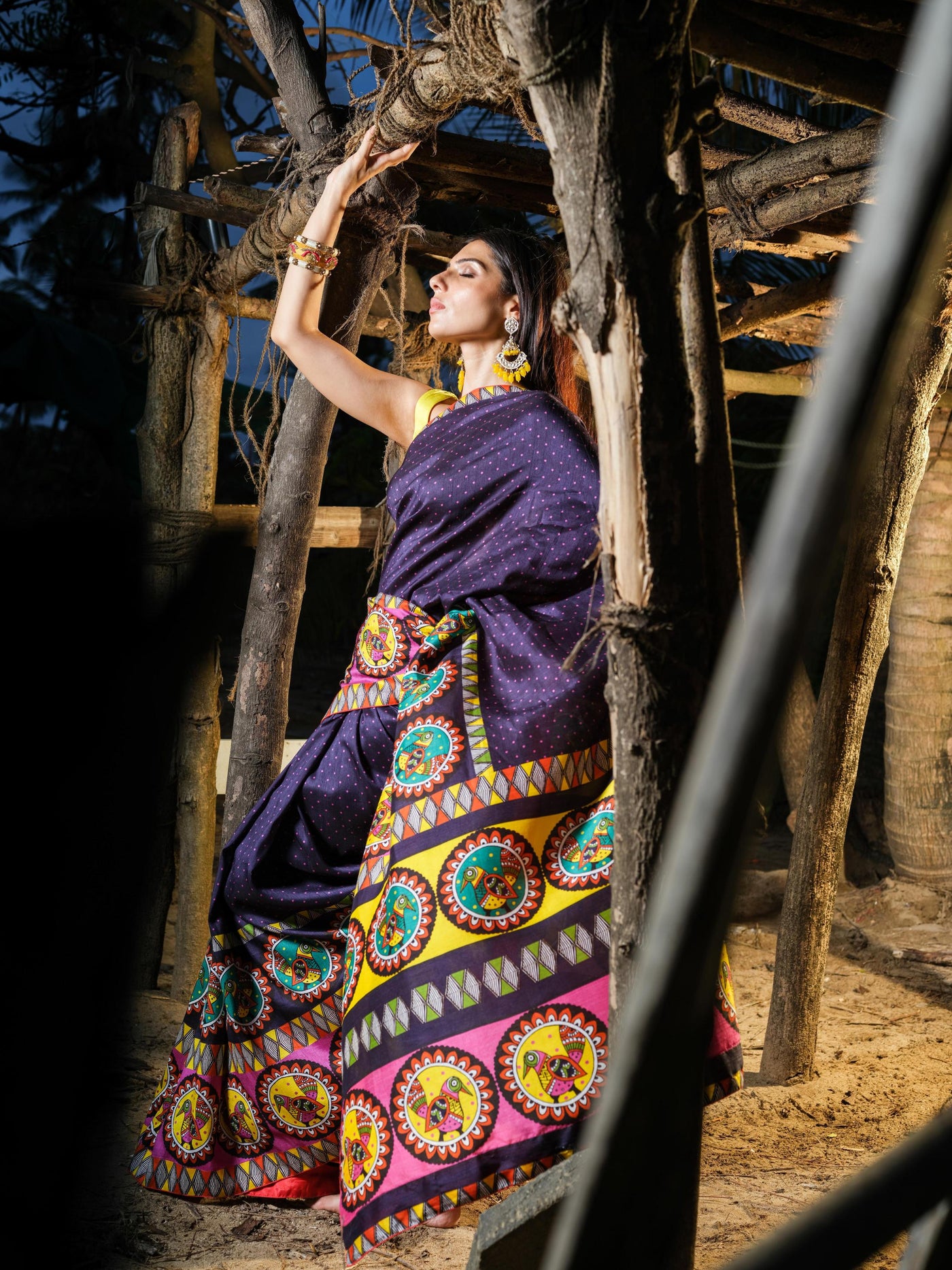 Navy Blue Bird Madhubani Saree