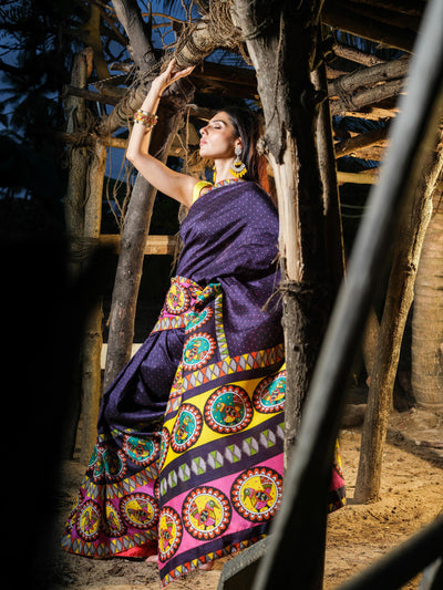 Navy Blue Bird Madhubani Saree