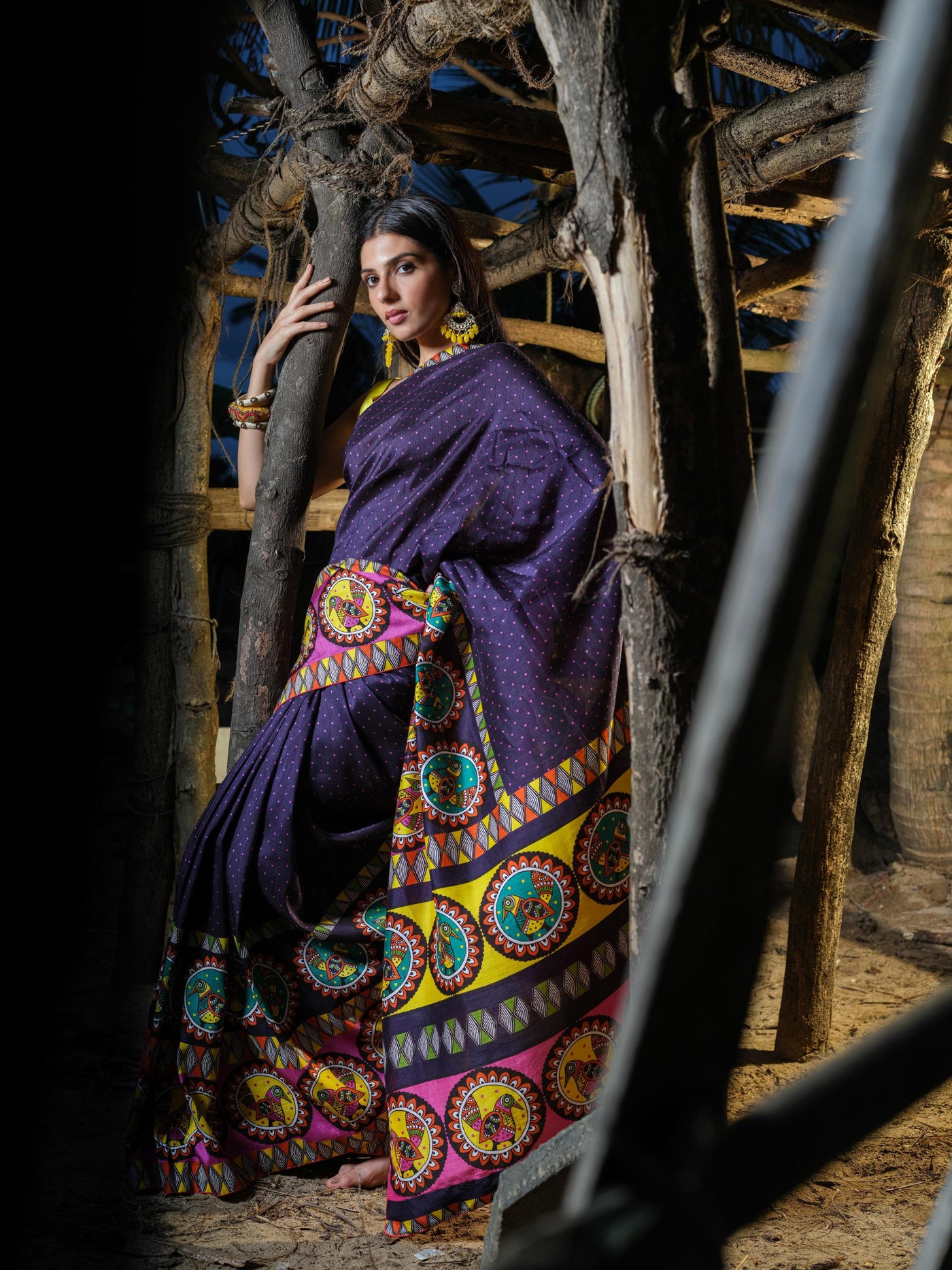 Navy Blue Bird Madhubani Saree