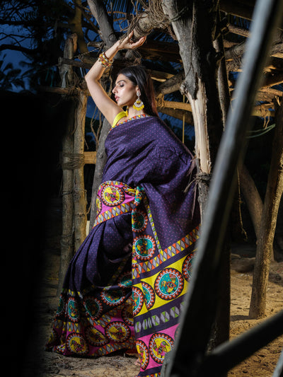 Navy Blue Bird Madhubani Saree