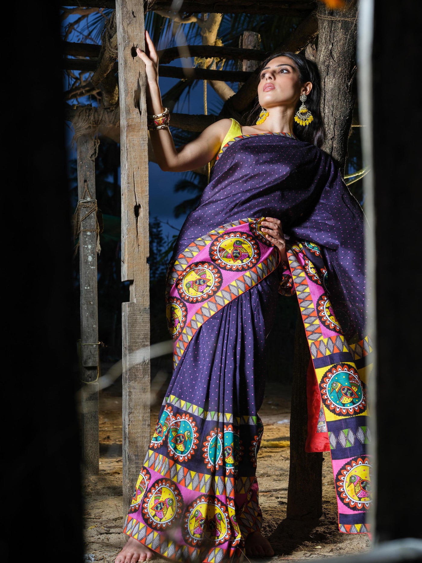 Navy Blue Bird Madhubani Saree