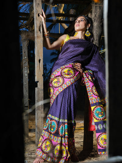 Navy Blue Bird Madhubani Saree