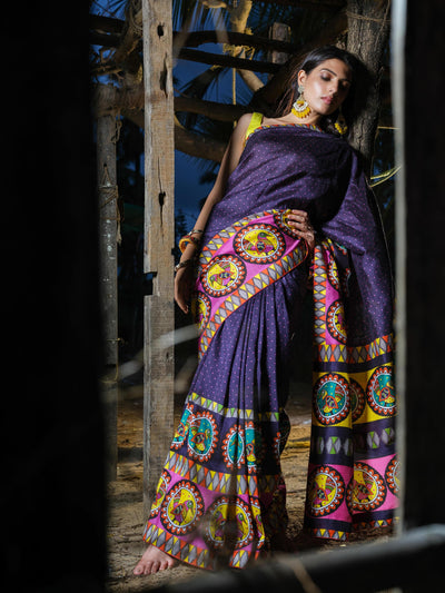 Navy Blue Bird Madhubani Saree