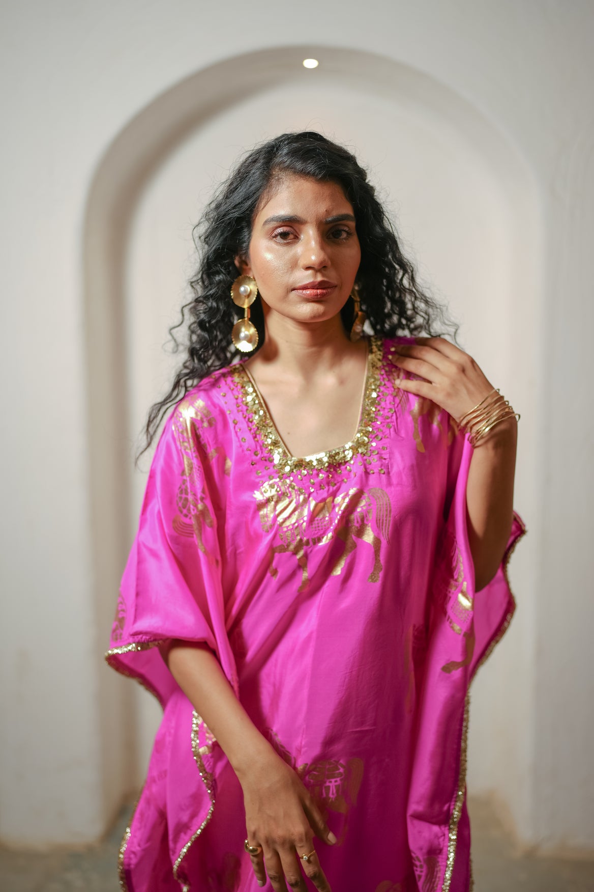 Hot Pink Horses Foil Kaftan