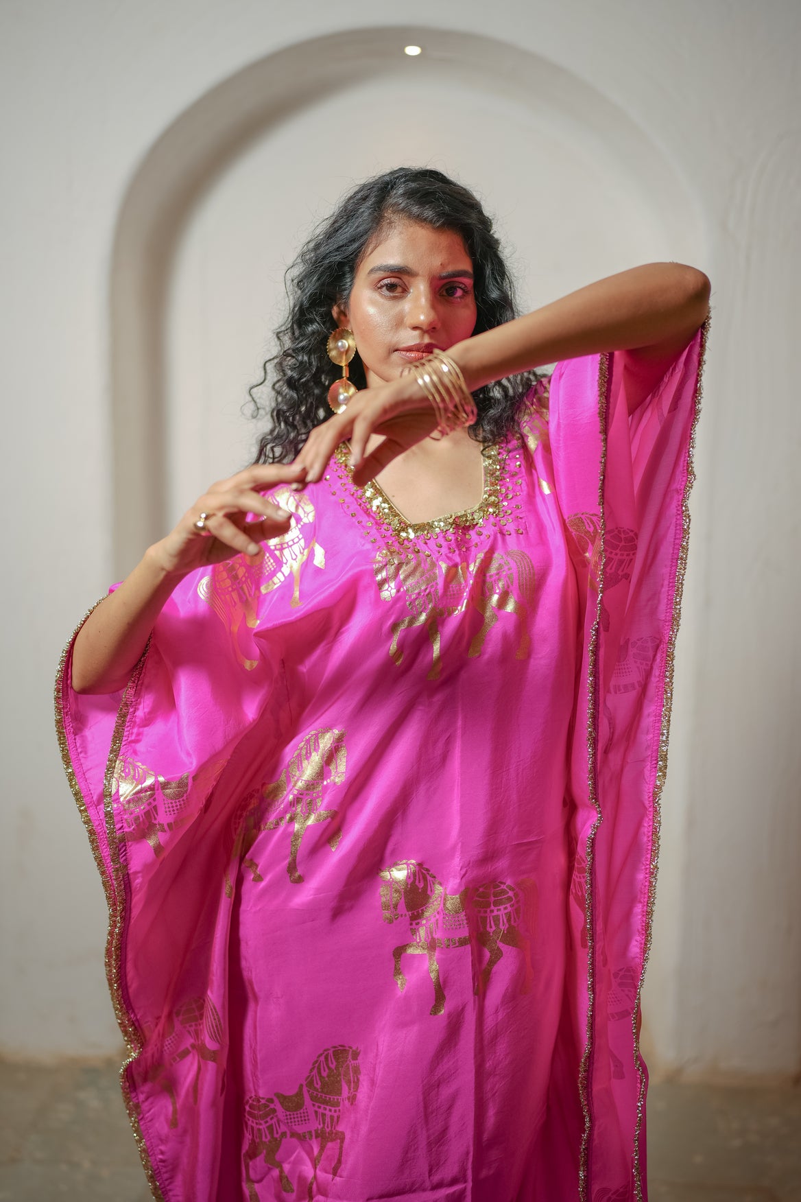 Hot Pink Horses Foil Kaftan