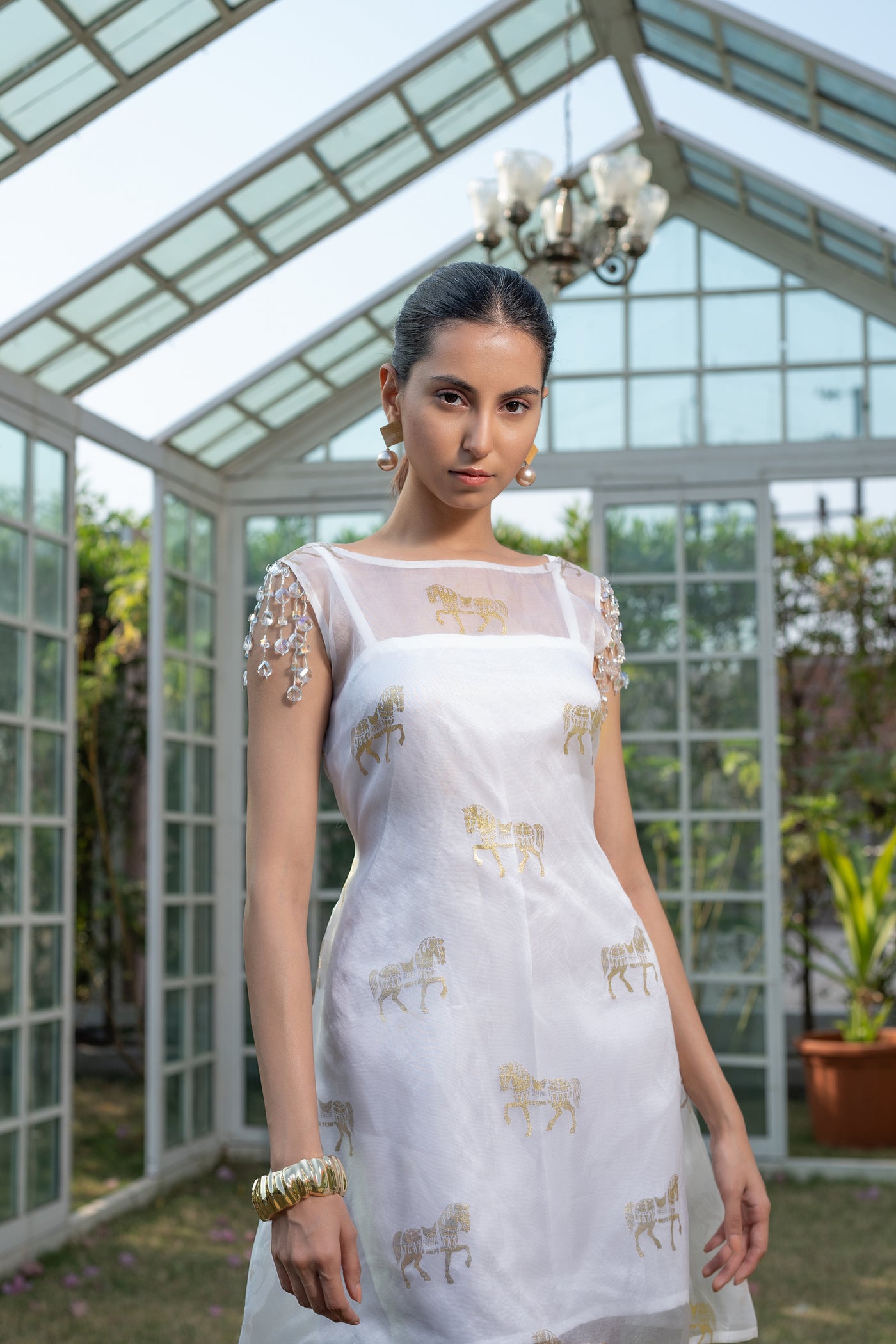 Boatneck Horses Foil Dress