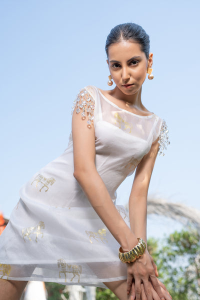 Boatneck Horses Foil Dress