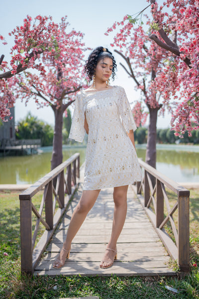 Flare Slit Sleeve Foil Dress