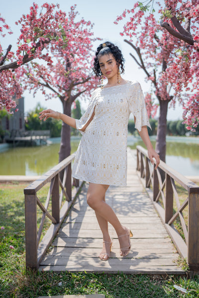 Flare Slit Sleeve Foil Dress