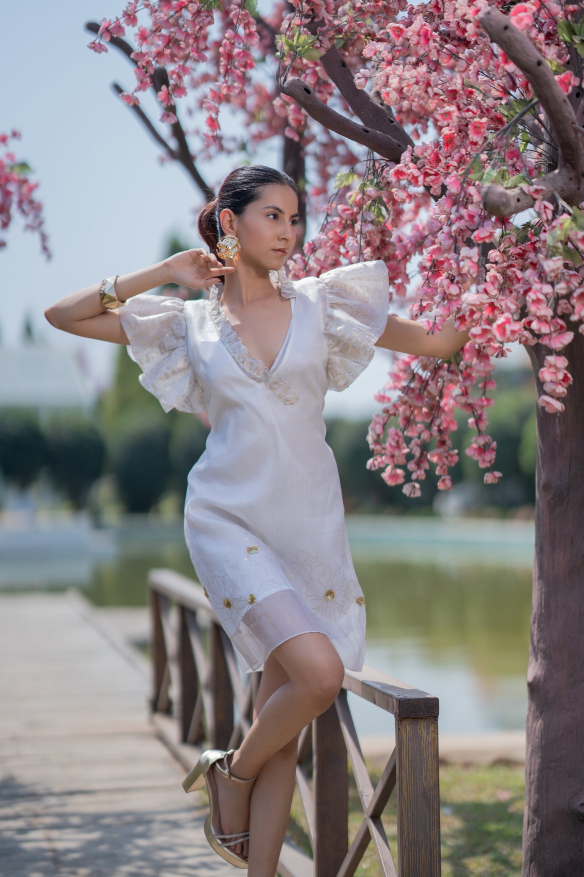 Floral Ruffle Foil Dress