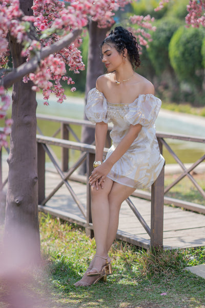 Off-Shoulder Puff Sleeves Foil Dress