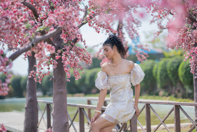 Off-Shoulder Puff Sleeves Foil Dress