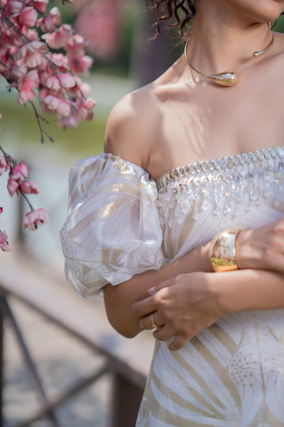 Off-Shoulder Puff Sleeves Foil Dress