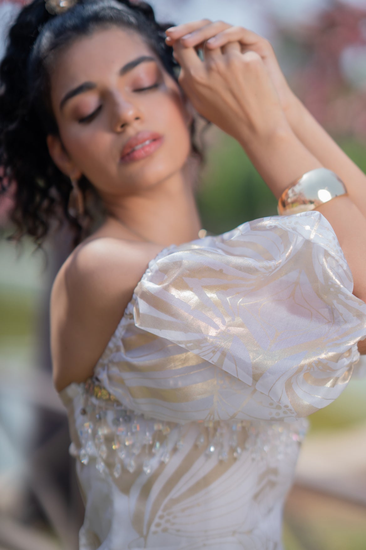 Off-Shoulder Puff Sleeves Foil Dress