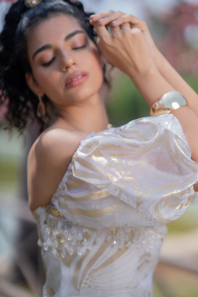 Off-Shoulder Puff Sleeves Foil Dress