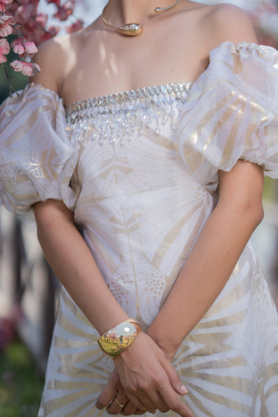 Off-Shoulder Puff Sleeves Foil Dress