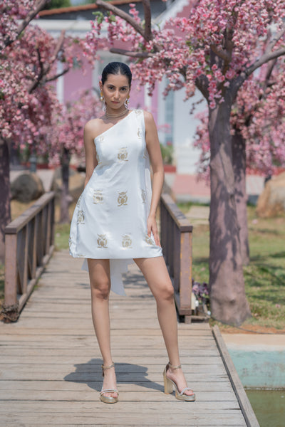 Owl Print Foil Dress with Flare panel