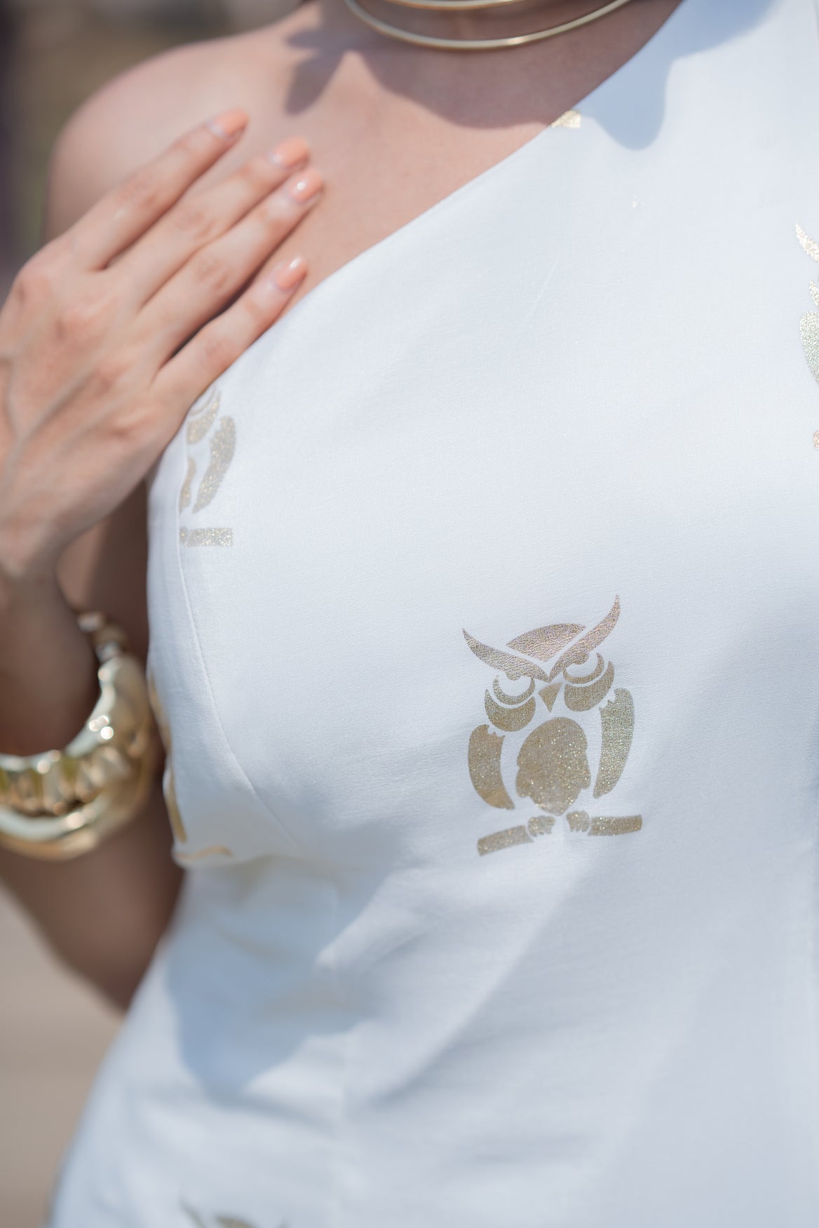 Owl Print Foil Dress with Flare panel