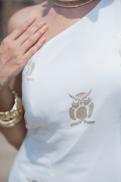 Owl Print Foil Dress with Flare panel