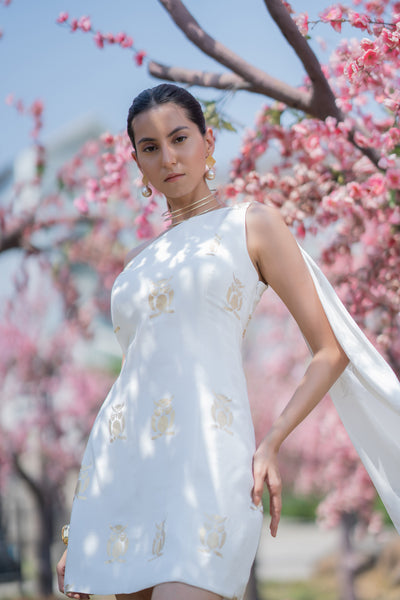 Owl Print Foil Dress with Flare panel