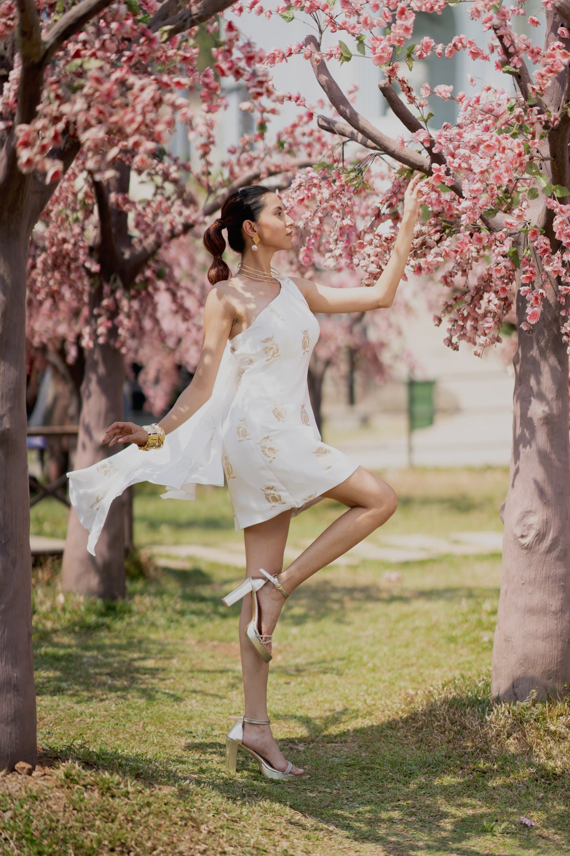 Owl Print Foil Dress with Flare panel