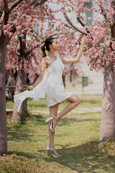 Owl Print Foil Dress with Flare panel