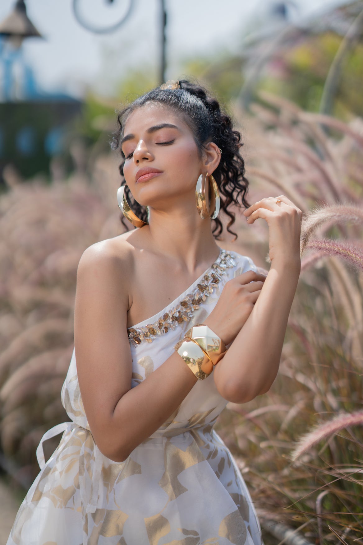 One Shoulder Abstract Floral Foil Dress