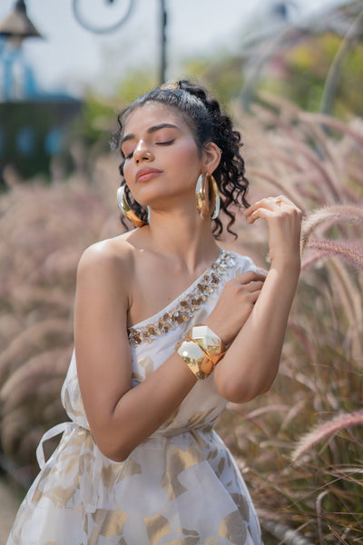 One Shoulder Abstract Floral Foil Dress
