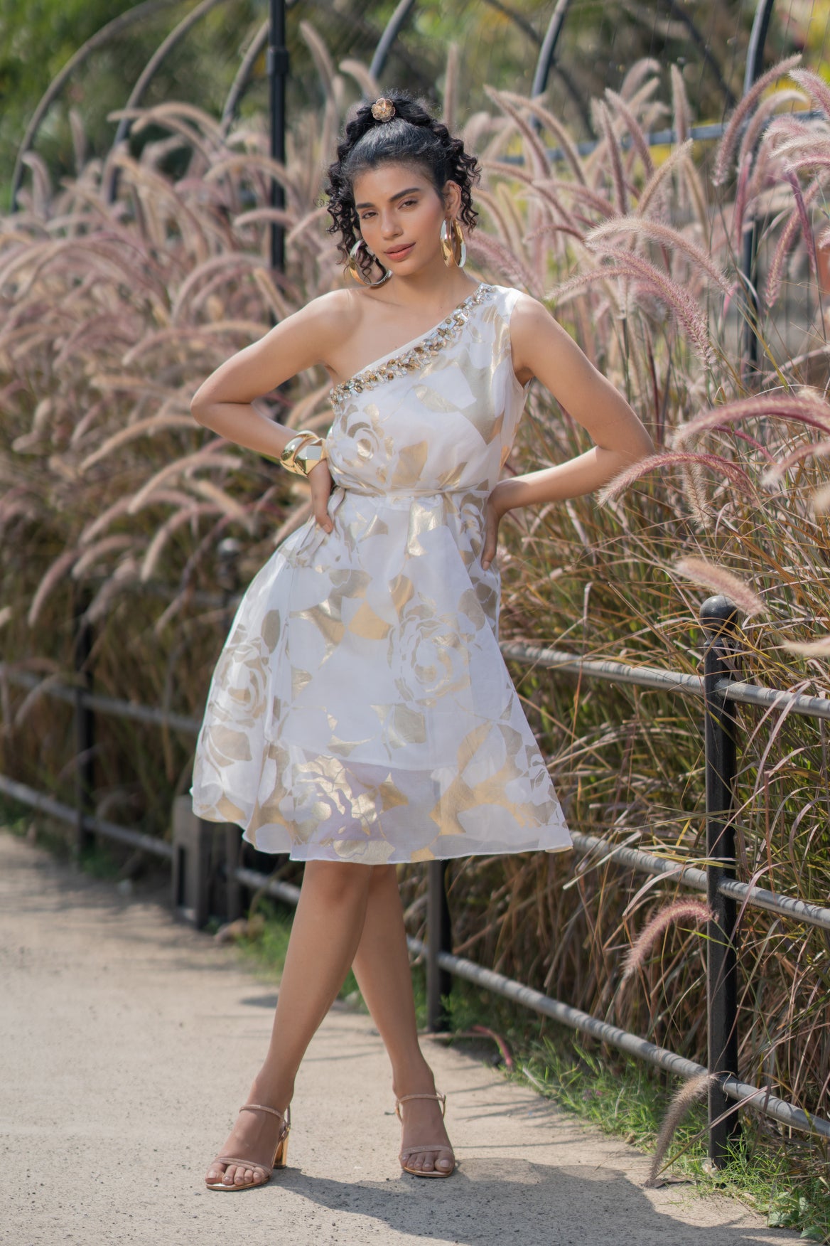 One Shoulder Abstract Floral Foil Dress