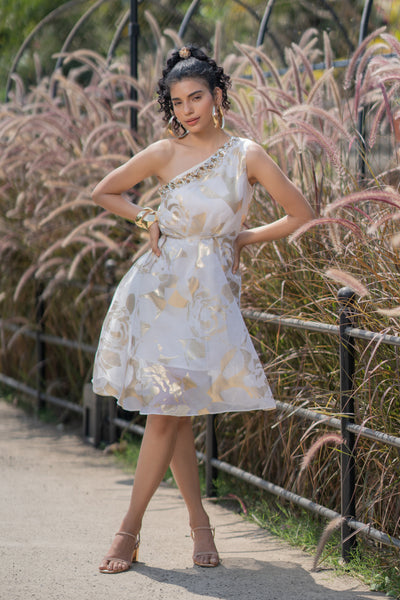 One Shoulder Abstract Floral Foil Dress