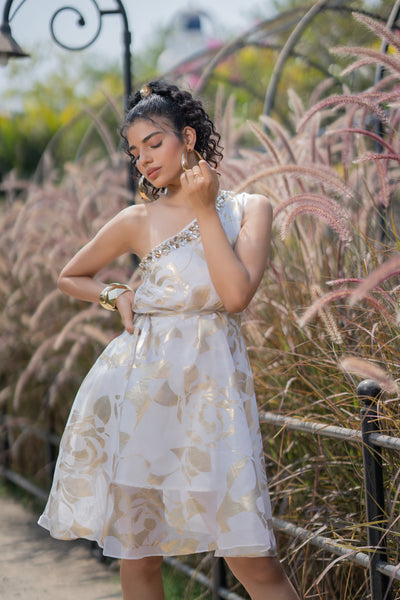 One Shoulder Abstract Floral Foil Dress