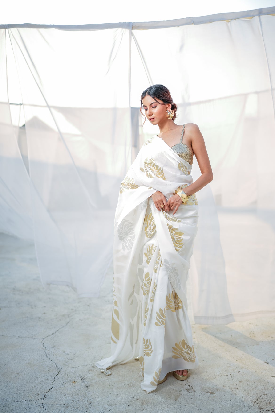 Chrysanthemum Floral Foil Saree