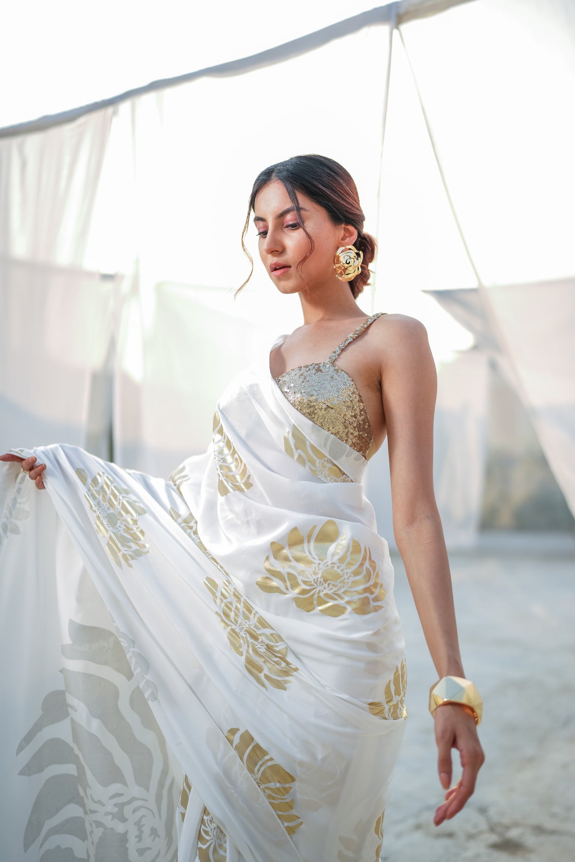 Chrysanthemum Floral Foil Saree