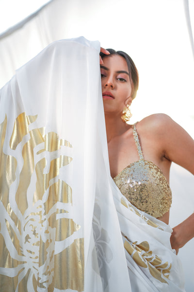 Chrysanthemum Floral Foil Saree