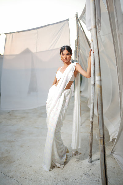 Noble White Sequin Saree Set