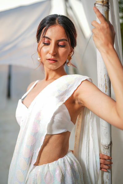 Noble White Sequin Saree Set