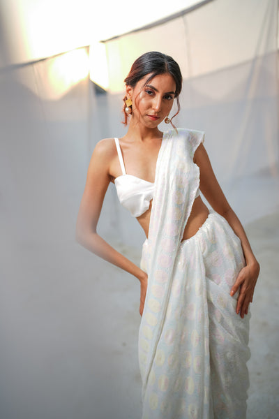 Noble White Sequin Saree Set