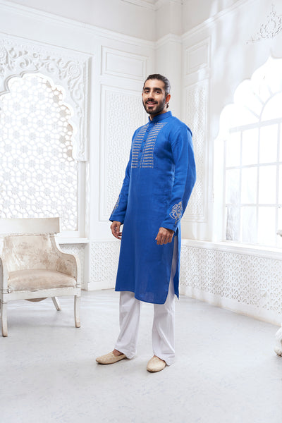 Dark Blue Scripture Embroidery Kurta
